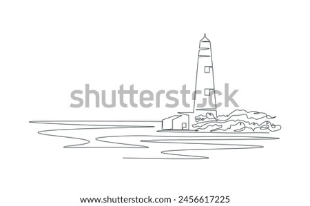 Drawing lighthouse with single continuous line. Sea shore. Rocky shore one line drawing. Ocean shore in one line. Doodle on white isolated background. Simple modern illustration.