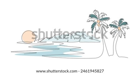 Drawing oasis with single continuous line. Tropical landscape with mountains and beach. Sea beach and lagoon with coconut palm in one line. Sunset on beach. Color linear illustration.