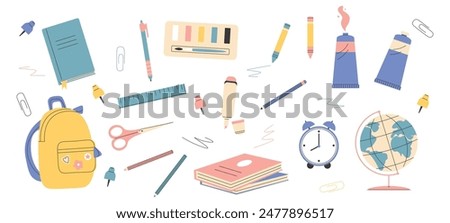 Back to school set. Kids school stationery. Childrens school accessories. Globe, clock, backpack, scissors and marker. Cute illustration. Flat vector isolated on white background.