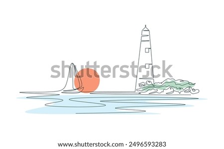 Drawing lighthouse with single continuous line. Sailboat floats on water. Sunset or sunrise rocky shore drawing. Ocean shore in one line. Doodle on white isolated background. Simple illustration.