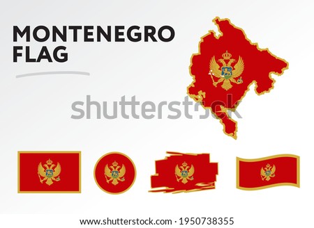 Various designs of the Montenegro flag and map. World flags. Vector set. Circle icon. Brush stroke. Template for independence day.