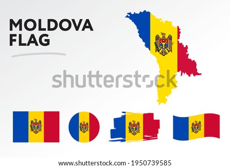 Various designs of the Moldova flag and map. World flags. Vector set. Circle icon. Brush stroke. Template for independence day.