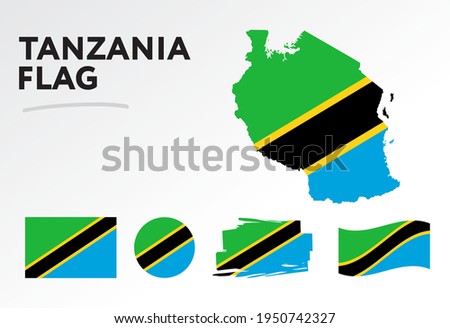 Various designs of the Tanzania flag and map. World flags. Vector set. Circle icon. Brush stroke. Template for independence day.