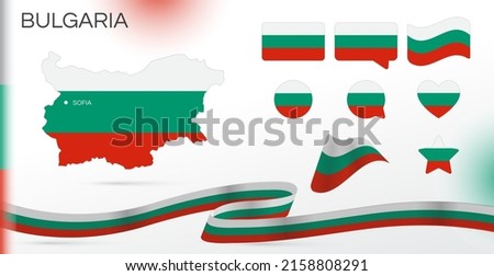 Bulgaria flags set. Various designs. Map and capital city. World flags. Vector set. Circle icon. Template for independence day. Collection of national symbols. Ribbon with colors of the flag. Sofia ストックフォト © 