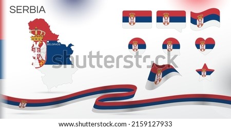 Serbia flags set. Various designs. Map and capital city. World flags. Vector set. Circle icon. Template for independence day. Collection of national symbols. Ribbon with colors of the flag. Belgrade