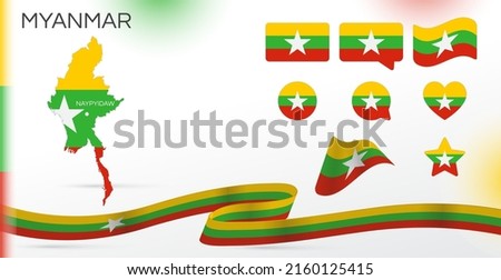 Myanmar flags set. Various designs. Map and capital city. World flags. Vector set. Circle icon. Template for independence day. Collection of national symbols. Ribbon with colors of the flag.