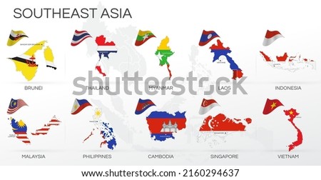 Southeast Asia map and national flag emblem infographic. Global business marketing. ASEAN. Capital city. Brunei, Thailand, Myanmar, Laos, Indonesia, Malaysia, Philippines, Cambodia, Singapore, Vietnam