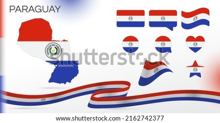 Paraguay flags set. Various designs. Map and capital city. World flags. Vector set. Circle icon. Template for independence day. Collection of national symbols. Ribbon with colors of the flag.