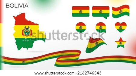 Bolivia flags set. Various designs. Map and capital city. World flags. Vector set. Circle icon. Template for independence day. Collection of national symbols. Ribbon with colors of the flag.