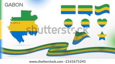 Gabon flags set. Various designs. Map and capital city. World flags. Vector set. Circle icon. Template for independence day. Collection of national symbols. Ribbon with colors of the flag. Africa