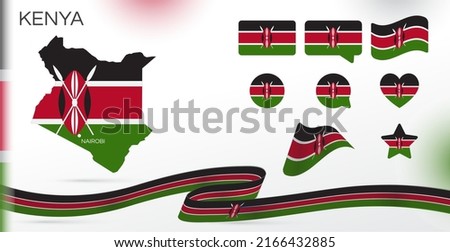 Kenya flags set. Various designs. Map and capital city. World flags. Vector set. Circle icon. Template for independence day. Collection of national symbols. Ribbon with colors of the flag. Africa