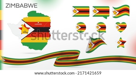 Zimbabwe flags set. Various designs. Map and capital city. World flags. Vector set. Circle icon. Template for independence day. Collection of national symbols. Ribbon with colors of the flag. Africa