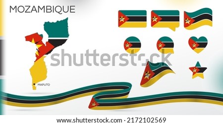 Mozambique flags set. Various designs. Map and capital city. World flags. Vector set. Circle icon. Template for independence day. Collection of national symbols. Ribbon with colors of the flag. Africa