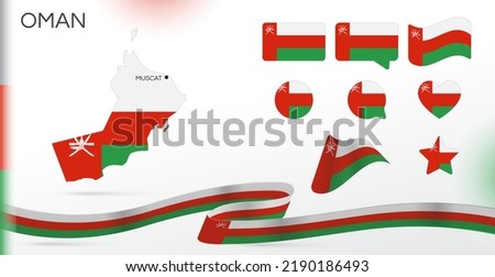 Oman flags set. Various designs. Map and capital city. World flags. Vector set. Circle icon. Template for independence day. Collection of national symbols. Ribbon with colors of the flag.