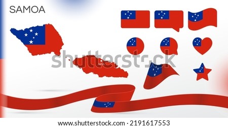 Samoa flags set. Various designs. Map and capital city. World flags. Vector set. Circle icon. Template for independence day. Collection of national symbols. Ribbon flag. Oceania countries