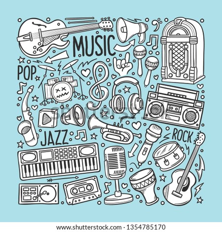 Hand drawn set of Music in Doodles vector Color Background