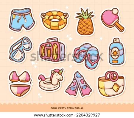 Pool Party Stickers Doodle Color Vector Collection 