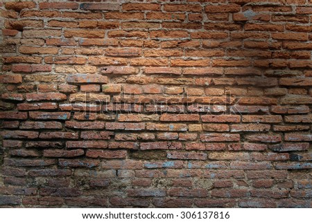 Background of old brick wall. Dim light.
