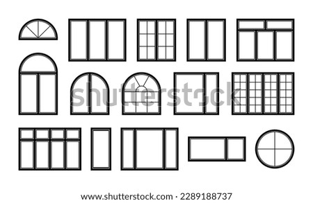 Windows in the vector are isolated on a white background. A set of window icons.A set with silhouettes of window frames for the house. Architectural elements. Round square windows. Window shutters