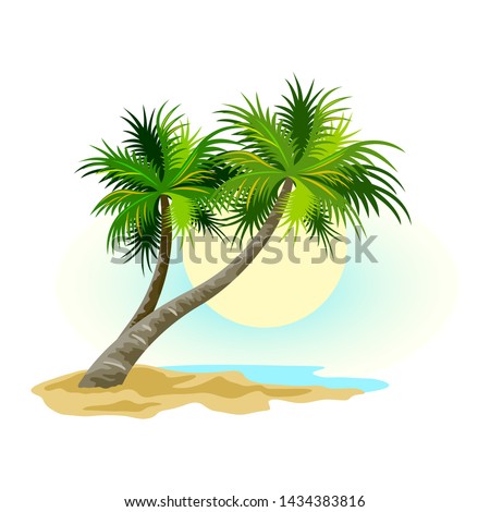 Tropical landscape with sunny sky, palm trees on beach. Summer vacations in tropics with plants, ocean or sea waves, sand resort. Vector clipart isolated on white for tourist, travel projects.