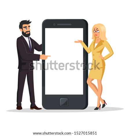 Successful businessman and stylish businesswoman in formal suits standing at the left and at the right of big smartphone, showing to white screen. Place for text, copy space. Vector cartoon mockup.