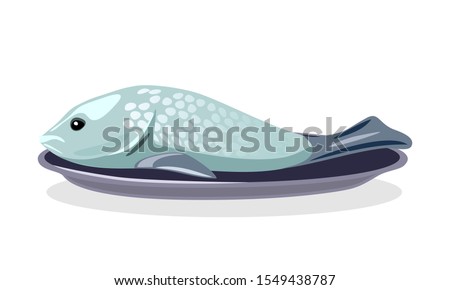 Whole raw, salted or smoked bright silver fish is on plate. Marinated herring, salmon, pink humpy. Seafood preparation process. Vector cartoon illustration isolated on white background.
