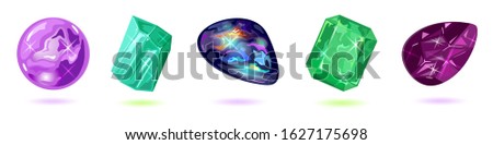 Vector set isolated on white with purple, violet, green and dark gemstones, minerals, mascot, amulet, talisman, periapt amethyst, beryl, black fire opal, emerald, taaffeite Jewelry collection Imagine de stoc © 