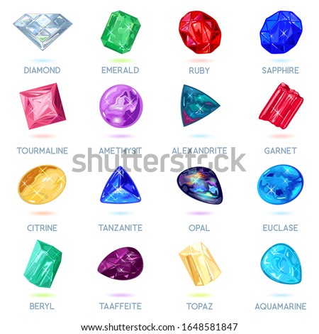 Assortment of jewelry, gem shop. Big vector set with red, yellow, pink, blue, green, purple minerals, gemstones: diamond, emerald, ruby, sapphire, tourmaline, amethyst, alexandrite, garnet, citrine. Imagine de stoc © 