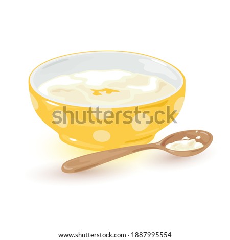 Aromatic portion of semolina with butter and honey served with spoon. Vector morning breakfast, cooking, tasty lunch, nutritious meal design isolated on white background