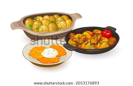 National ukrainian dishes made of potatoes. Vector pan wok, new potato with greenery, hash browns. Ethnic cuisine, dinner assortment, food idea. Isolated on white background