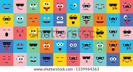 Emoji vector icon, expression: smile, cry, laugh, sad, funny, cute, happy, kiss. Vector illustration in flat, cartoon style. 