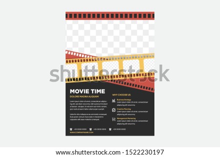 Cinema Movie Festival Poster Card Template with Realistic Clapper Board for Ad, Invitation, Presentation . Vector illustration of Film flyer. layout space for photo collage. red, yellow and black