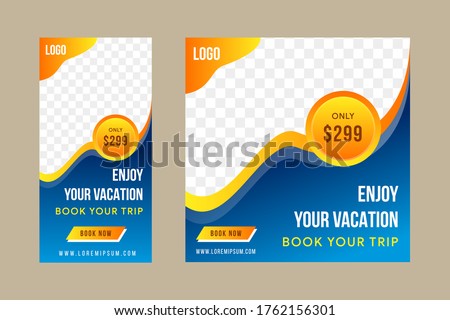 Set of enjoy your vacation social media promotion banner template design use square and vertical layout. Space for photo. Combination blue and orange gradient. liquid style. 