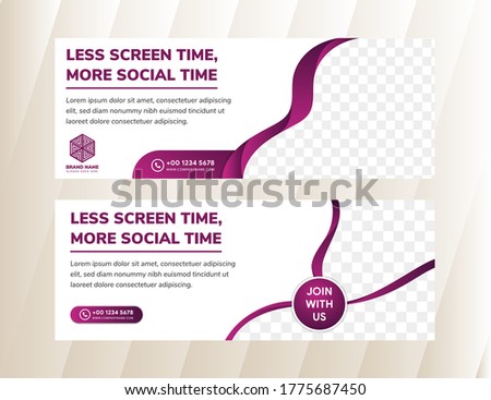 set of creative web banners of standard size use horizontal layout with a place for photos. Business ad banner. pink purple gradient color on elements and white background. Social time of headline