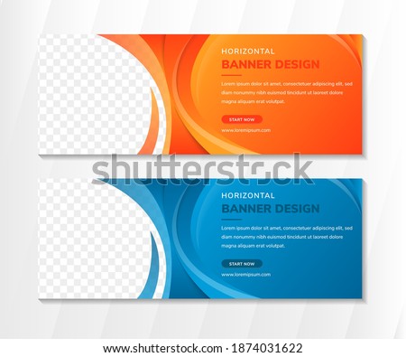 Set of abstract horizonal banner template design with curve element and orange gradient background. space for photo on right side. 