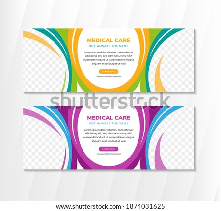 Set of abstract horizonal banner template design for promotion of medical care program with colorful curve element. white background. space for photo on right and left side. 