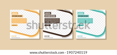 Set of Modern interior design sale banner for social media post template. Dot halftone pattern and line elements. Space for photo. Three colors selected are orange, brown and blue in white background.