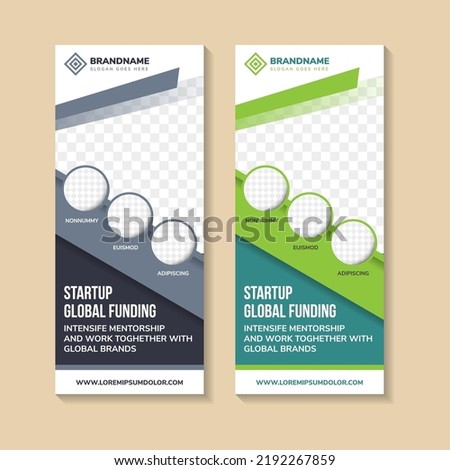 Set of abstract design of roll up banner stand template flyer vector design, advertisement, vertical display layout. Space for photo collage and text. multicolored purple and green background.