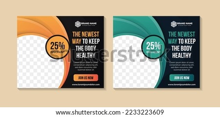 the newest way to keep the body healthy web Banner Template business invitation and social media post design. gradient orange and green elements with black background. circle space photo collage.