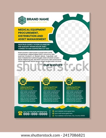 abstact flyer design template for medical equipment procurement, distribution, and asset management. vertical layout flyer with space for photo. green and yellow element in white background