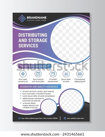 distributing and storage services flyer design template idea sample. Virtual IT service poster leaflet design. Business development banner template concept with photo space. purple and black element.