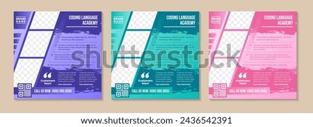 collection of coding language square banner design template. diagonal space for photo collage. social media education poster promotion.