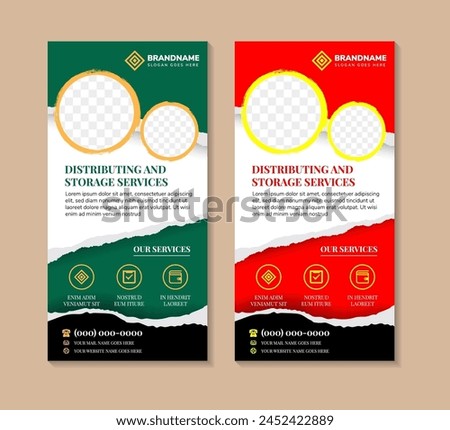 collection of distributing and storage services banner design template. white background with green, red, yellow and black color. vertical layout vector with grunge brush and torn paper effect banner.