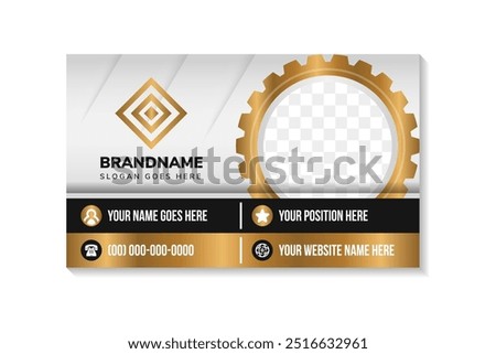 one side  modern business cards with  gears shape for photo space. Vector illustration design template in horizontal layout. black, gold and grey gradient colors combination with shadow effect.