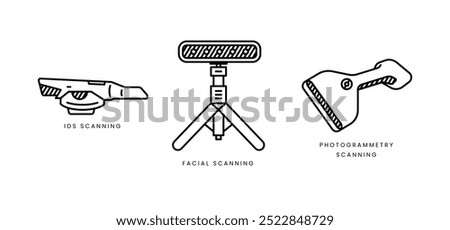 collection scanning tools icon design template consist of photogrammerty scanning, facial scanning and ids scanning.linier line with editable stroke isolated on white background.