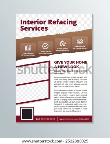 Modern Flyer brochure design, business cover with example of headline is interior refacing services with size A4 template. space for photo collage with brown and red on element isolated on white back