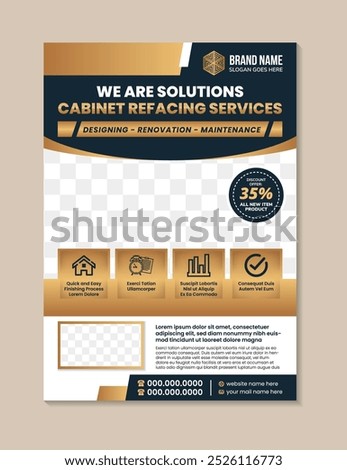 we are solutions cabnet refacing services flyer Template Design in vertical layout. infographic icon. space for photo. gold and blue element on white background.