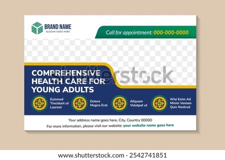 health Clinic Center Horizontal Banner with Copy Space. Consultation Flat Vector Illustration. space for photo collage with combination green, blue, and yellow colors element. white background.