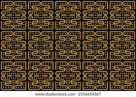 textured pattern of geometric figures in gold on a black background. combination of letter f in line style with circle shape. horizontal layout. 