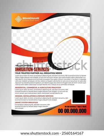 we are offering irrigation service flyer design template in vertical layout. combination orange gradient and black on elements. isolated on white background. photo space.